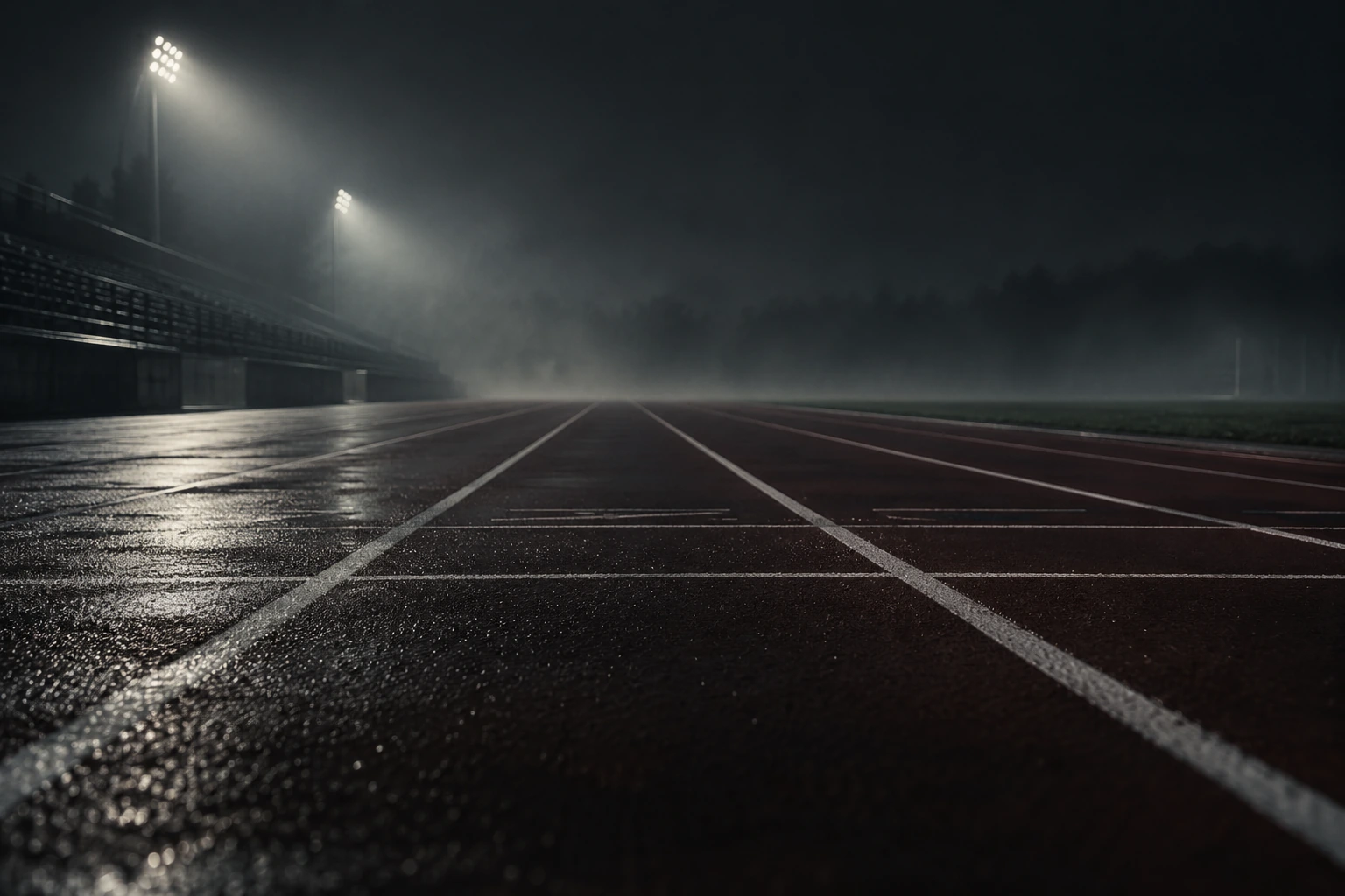 Carriles de una pista de atletismo bajo la luz nocturna