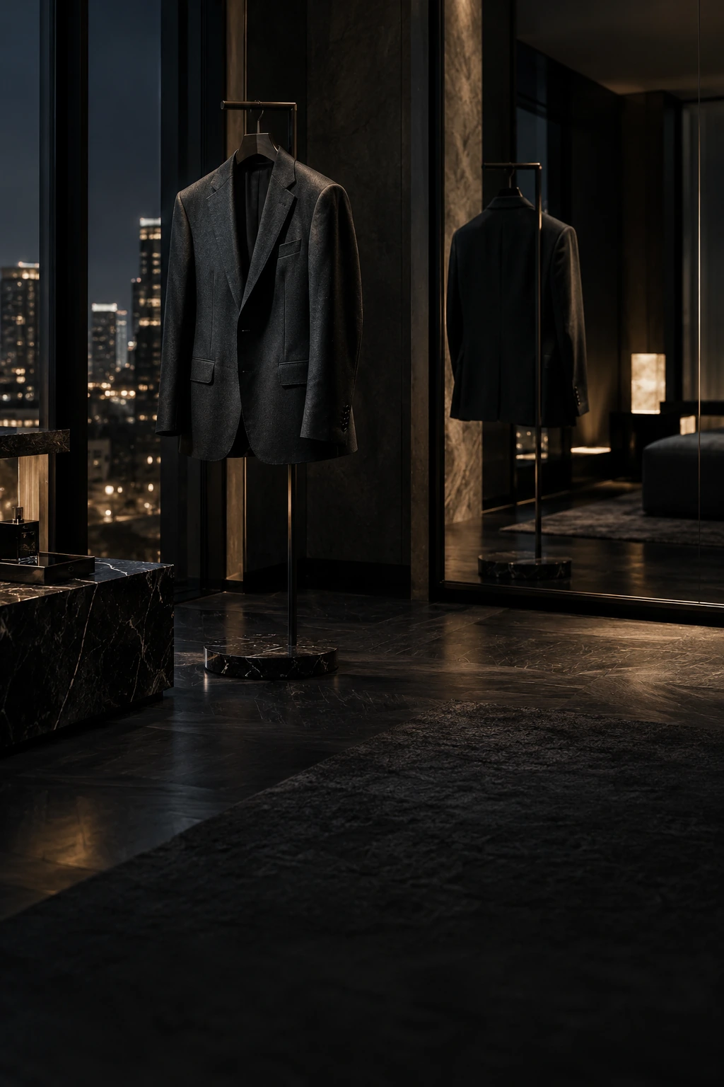 Un traje oscuro ante un espejo y luces de ciudad
