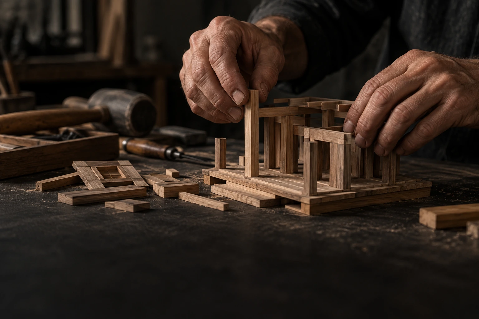 Manos reconstruyendo una maqueta después de una caída