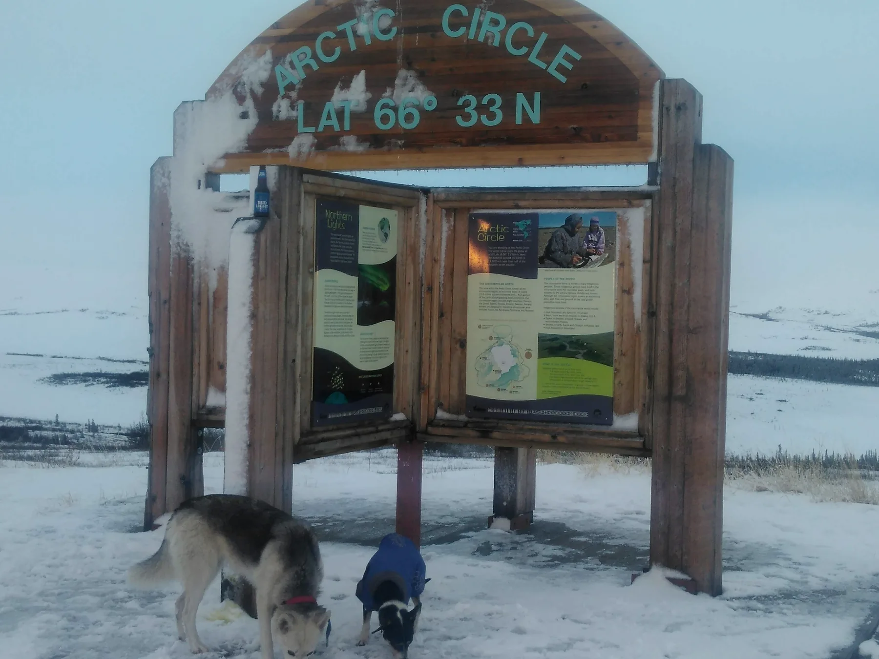 Señal del Círculo Ártico en la nieve, con los perros del viaje